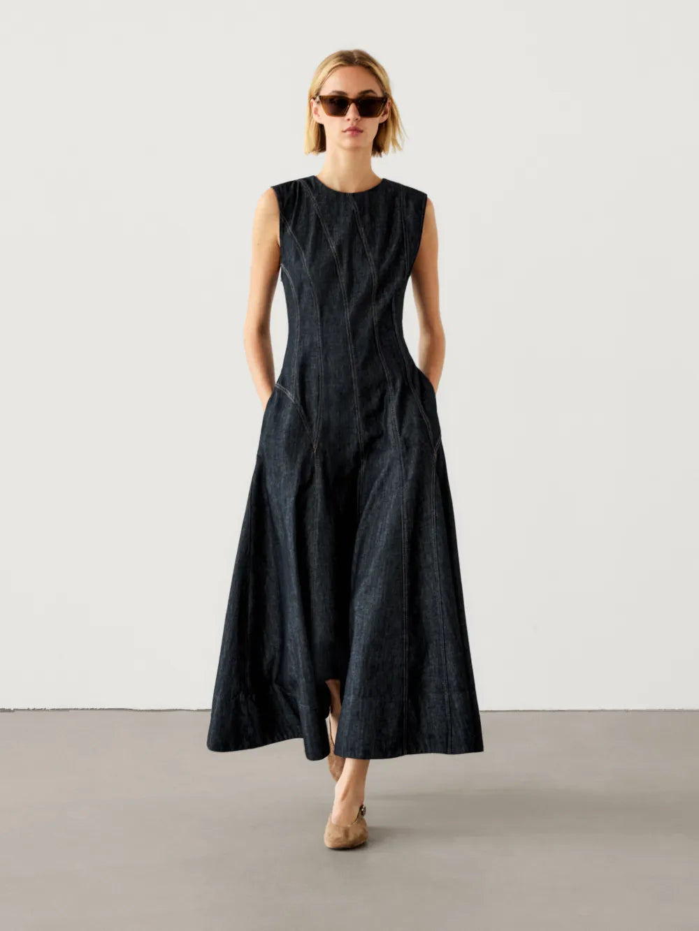 Vestido largo algodón pliegues denim