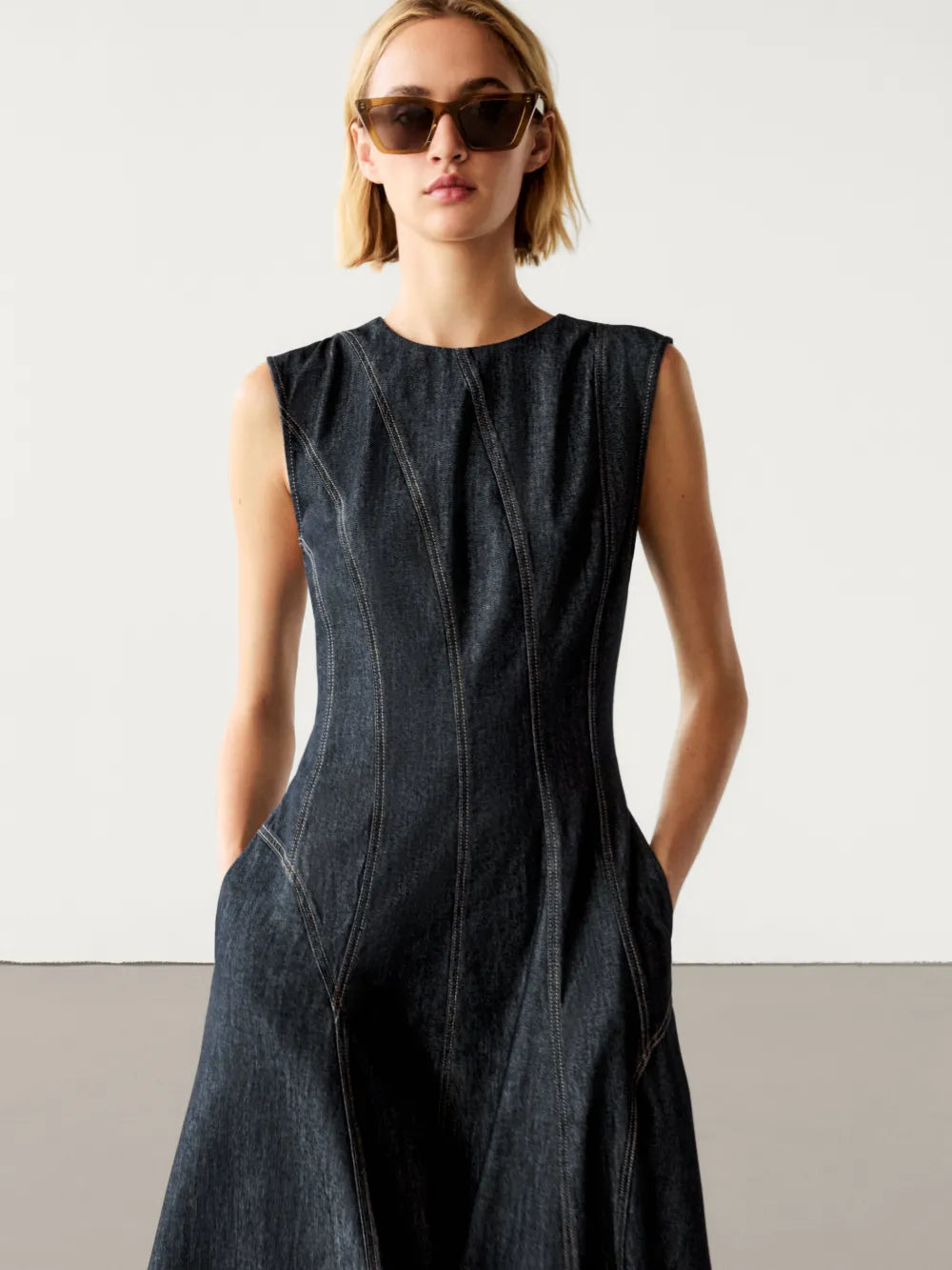 Vestido largo algodón pliegues denim