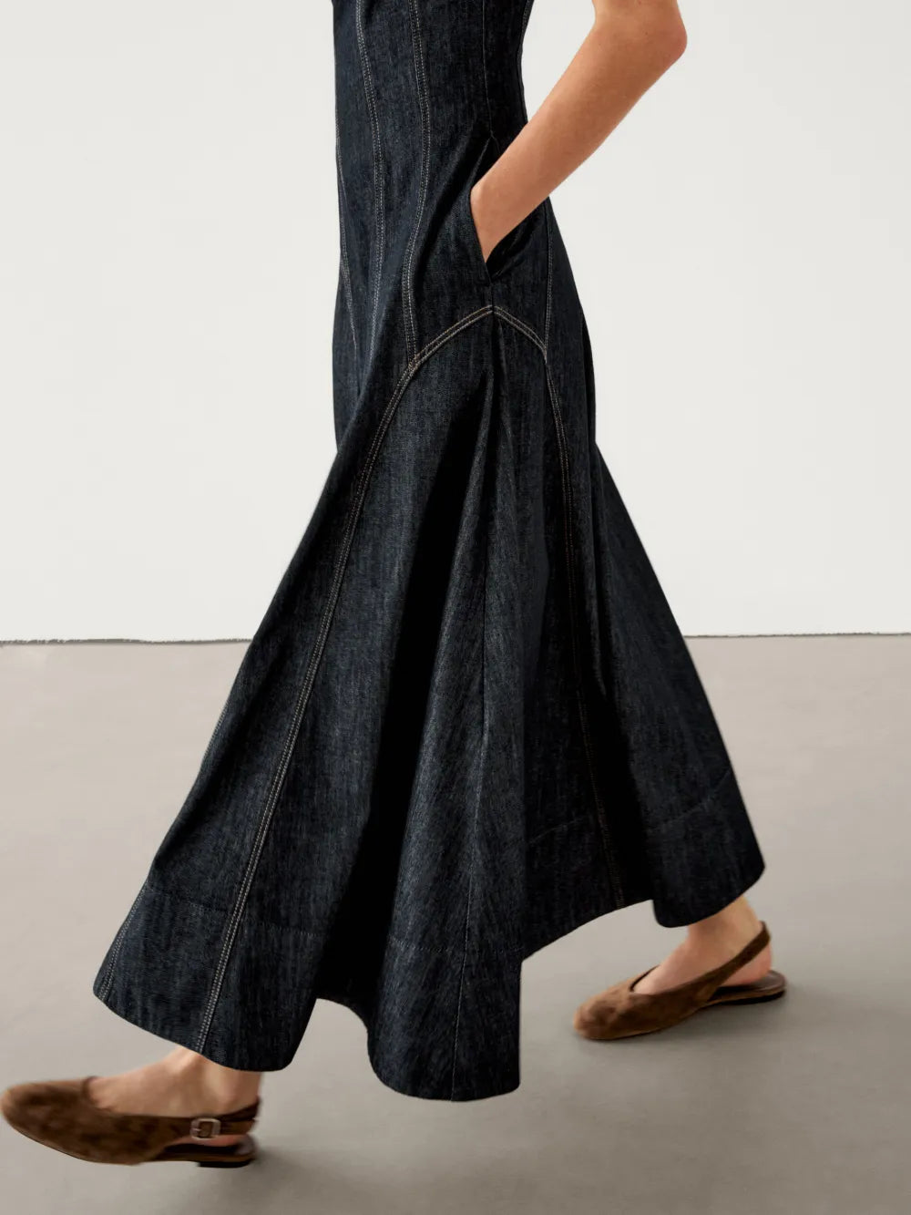 Vestido largo algodón pliegues denim
