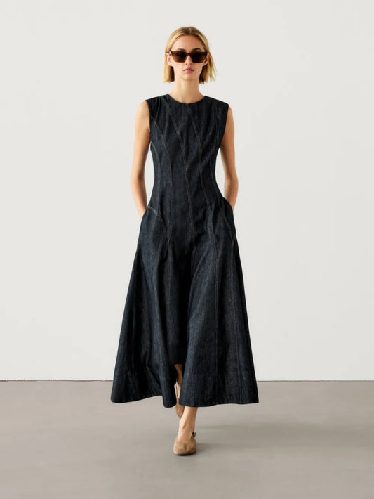 Vestido largo algodón pliegues denim