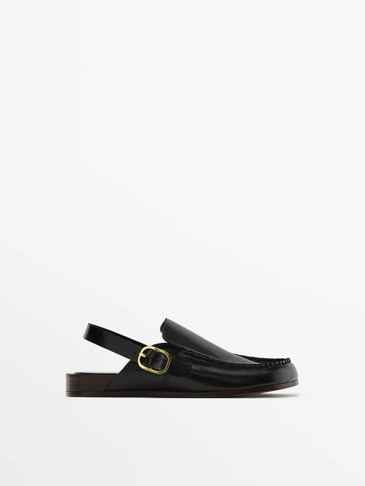 Zueco piel bordón hebilla metálica - NEGRO