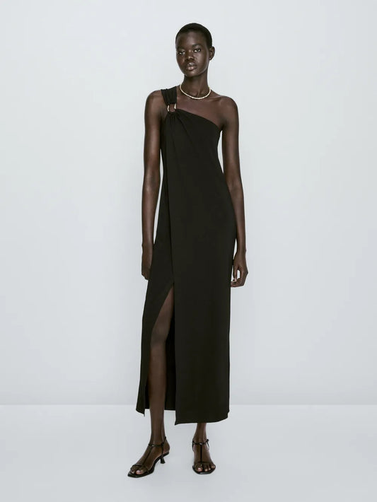 Vestido asimétrico detalle pieza - NEGRO