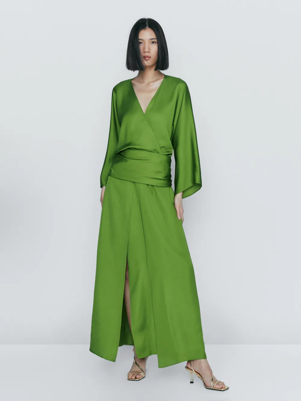 Vestido kimono fluido detalle fajín - VERDE