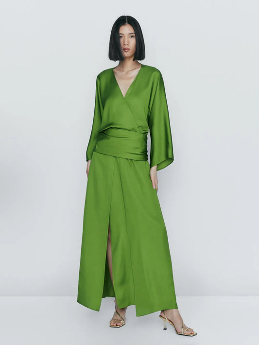 Vestido kimono fluido detalle fajín - VERDE